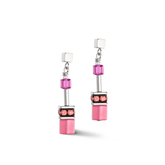 Pair of pink and silver earrings on a white background