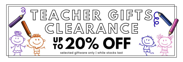 Sale banner for Teacher Gifts Clearance with pencils and pencil drawn stick children in pink, blue, orange and purple on white background.