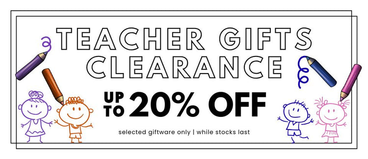 Teacher gifts clearance sale banner with pencils and pencil drawn stick children in purple, orange, blue and pink on a white background.
