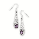 Silver celtic knot earrings with purple amethyst gemstones on a white background