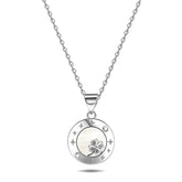 Silver necklace with a round pendant featuring a four-leaf clover design on a white background