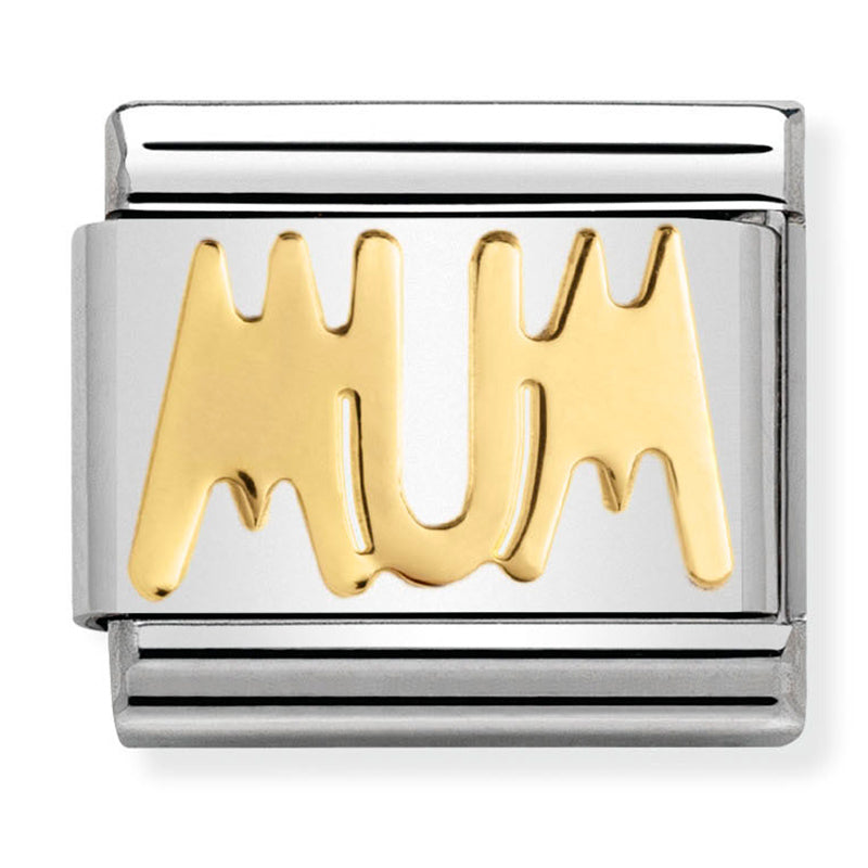 Silver charm with gold 'MUM' engraving on a white background
