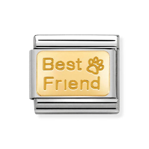 Gold 'Best Friend' with paw print charm on a white background