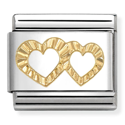 Nomination Composable Classic Link 030149/64 Double Heart with Etched Detail in 18K Gold
