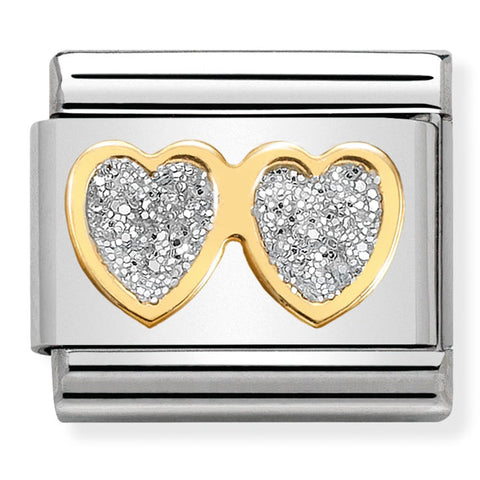 Nomination Composable Classic Link 030220/01 Double Silver Hearts with Glitter Enamel in 18K Gold