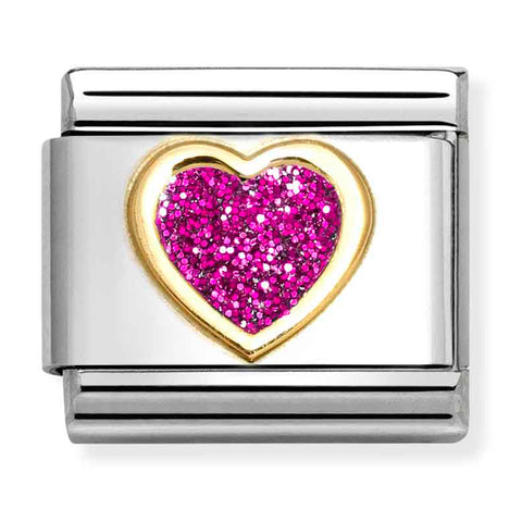 Nomination Composable Classic Link 030220/09 Heart in 18K Gold & Fuchsia Glitter Enamel