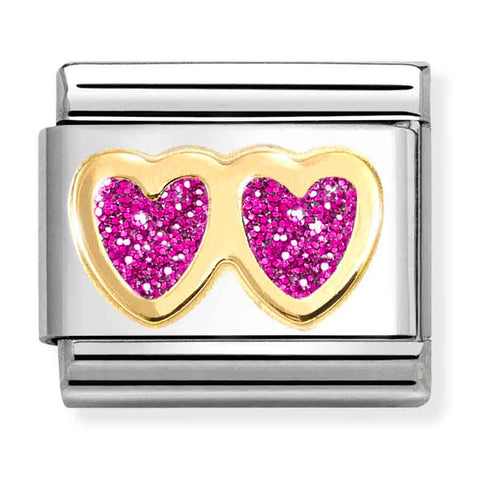 Nomination Composable Classic Link 030220/13 Double Heart in 18K Gold & Fuchsia Glitter Enamel