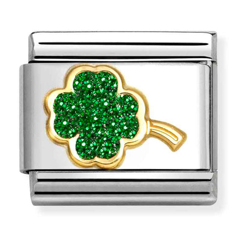 Nomination Composable Classic Link 030220/18 Four-Leaf Clover in 18K Gold & Green Glitter Enamel
