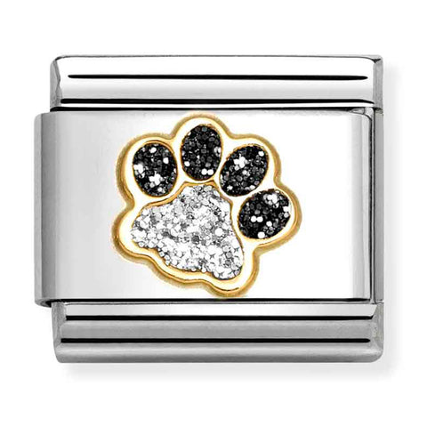 Nomination Composable Classic Link 030220/22 Paw Print in 18K Gold, Black & Silver Glitter Enamel