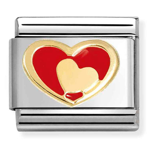 Nomination Composable Classic Link 030283/28 Red Heart with Gold Heart in 18K Gold & Enamel