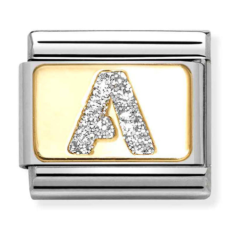 Nomination Composable Classic Link 030291/01 Silver Letter A in 18K Gold & Glitter Enamel