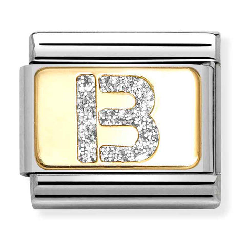 Nomination Composable Classic Link 030291/02 Silver Letter B in 18K Gold & Glitter Enamel