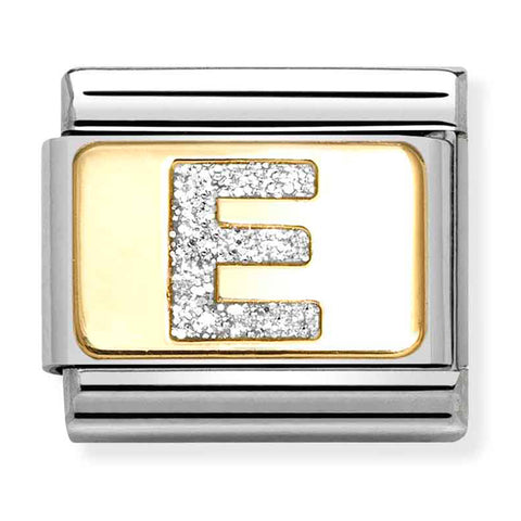 Nomination Composable Classic Link 030291/05 Silver Letter E in 18K Gold & Glitter Enamel