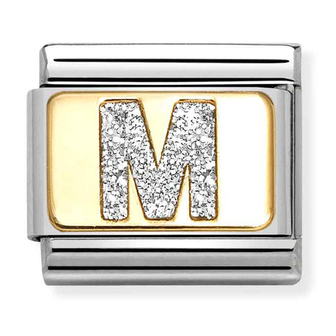 Nomination Composable Classic Link 030291/13 Silver Letter M in 18K Gold & Glitter Enamel