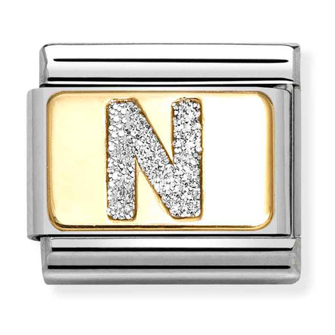 Nomination Composable Classic Link 030291/14 Silver Letter N in 18K Gold & Glitter Enamel