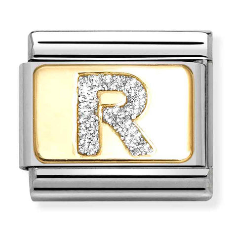 Nomination Composable Classic Link 030291/18 Silver Letter R in 18K Gold & Glitter Enamel