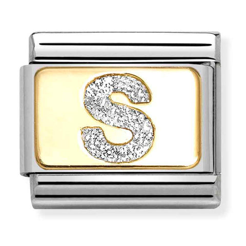 Nomination Composable Classic Link 030291/19 Silver Letter S in 18K Gold & Glitter Enamel