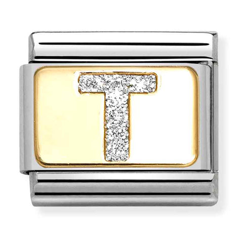 Nomination Composable Classic Link 030291/20 Silver Letter T in 18K Gold & Glitter Enamel