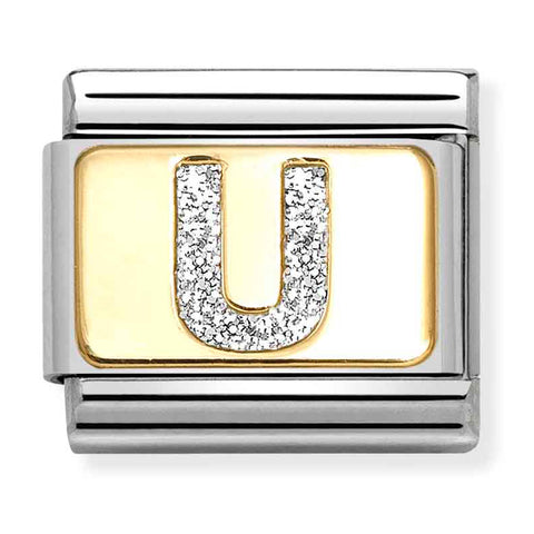 Nomination Composable Classic Link 030291/21 Silver Letter U in 18K Gold & Glitter Enamel