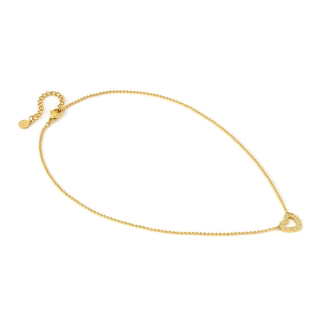 Gold necklace with heart pendant on a white background