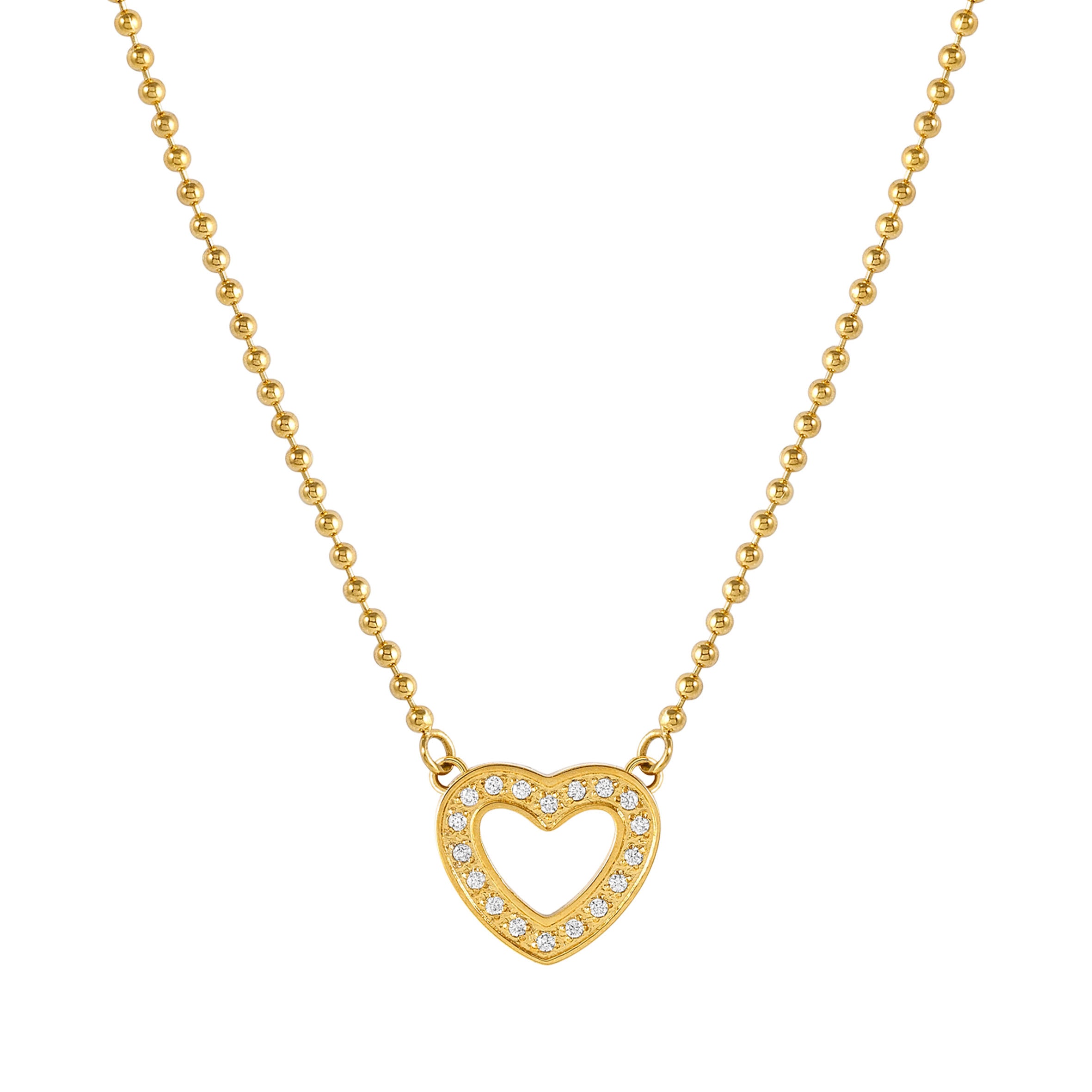 Gold heart-shaped necklace with cubic zirconia on a white background