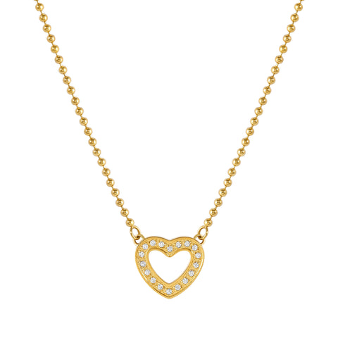 Gold heart-shaped necklace with cubic zirconia on a white background