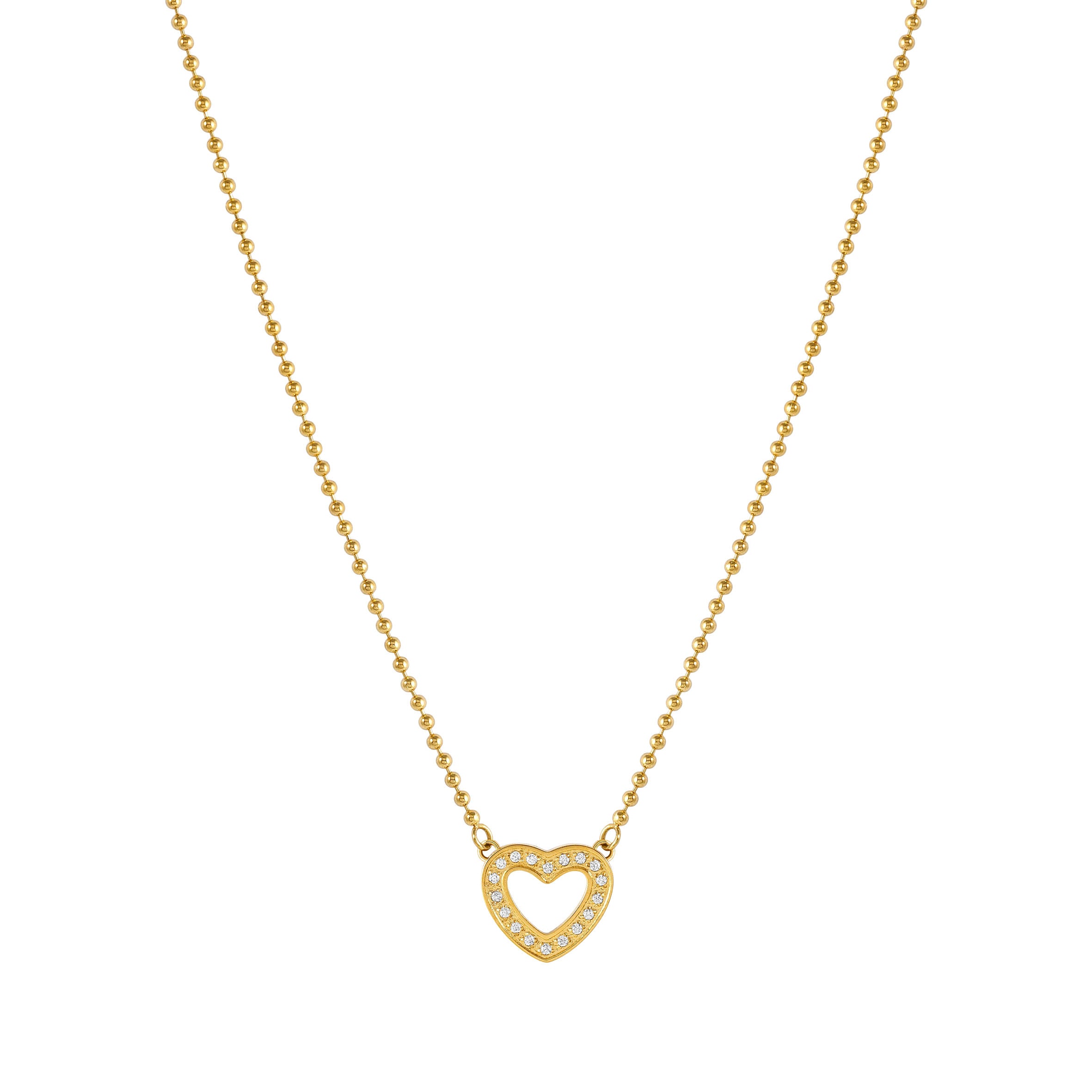 Gold heart-shaped pendant necklace on a white background
