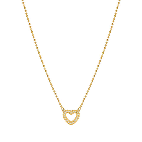 Gold heart-shaped pendant necklace on a white background