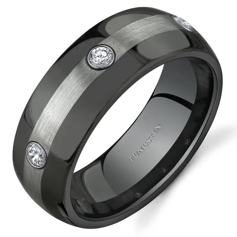 Black & Silver Three Stone Tungsten Ring