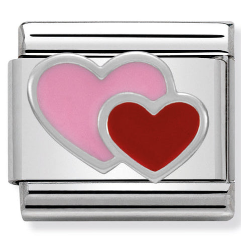 Nomination Composable Classic Link 330202/16 Pink and Red Double Heart in Enamel & 925 Silver