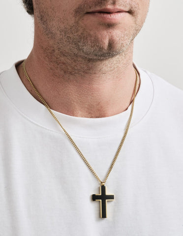 Cudworth Gold & Black Chequered Inlay Cross Necklace