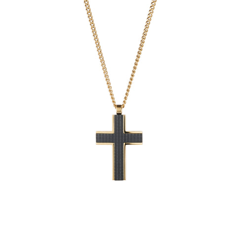 Cudworth Gold & Black Chequered Inlay Cross Necklace