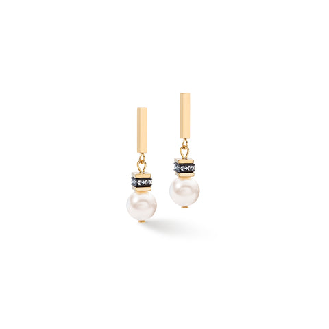 Coeur de Lion GeoCube Shiny Crystal Pearl, Gold & White Earrings