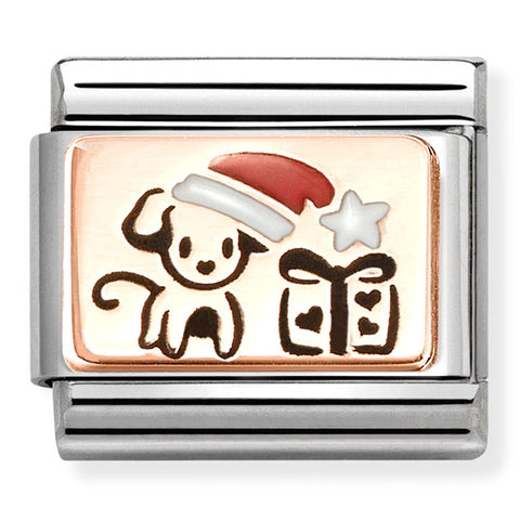 Nomination Composable Classic Link 430204/07 Puppy with Santa Hat & Gift in 9K Rose Gold & Enamel