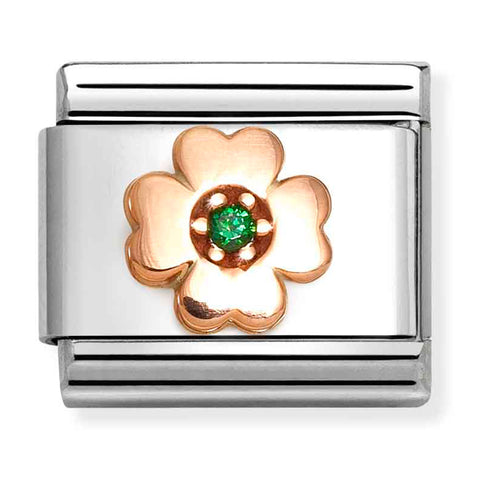 Nomination Composable Classic Link 430305/44 Green Four-leaf Clover in 9K Rose Gold & Green CZ
