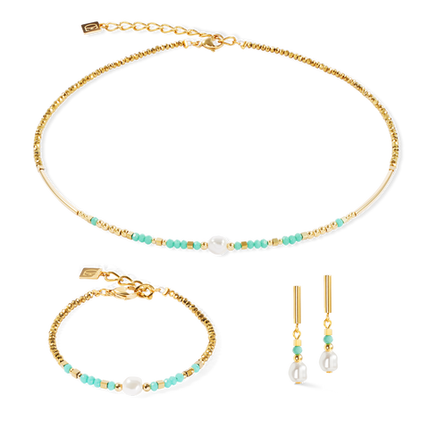 Coeur de Lion Crystal Pearl, Turquoise & Gold Necklace