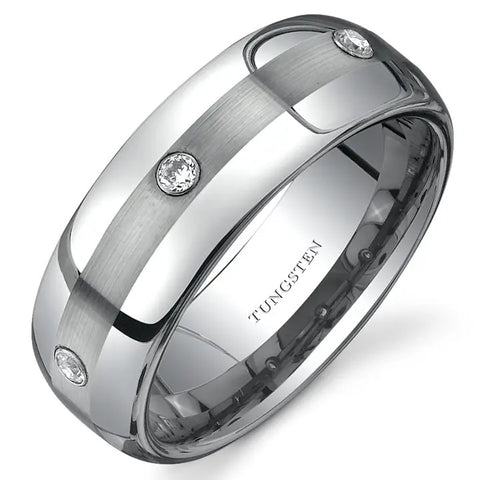 Two Tone Silver Three Stone Tungsten Ring