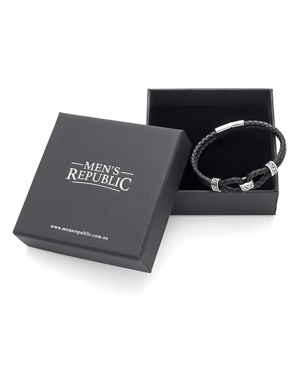 Black braided bracelet in a 'Men's Republic' box on a white background