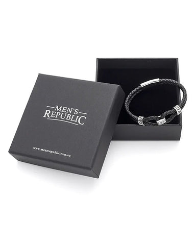 Black braided bracelet in a 'Men's Republic' box on a white background