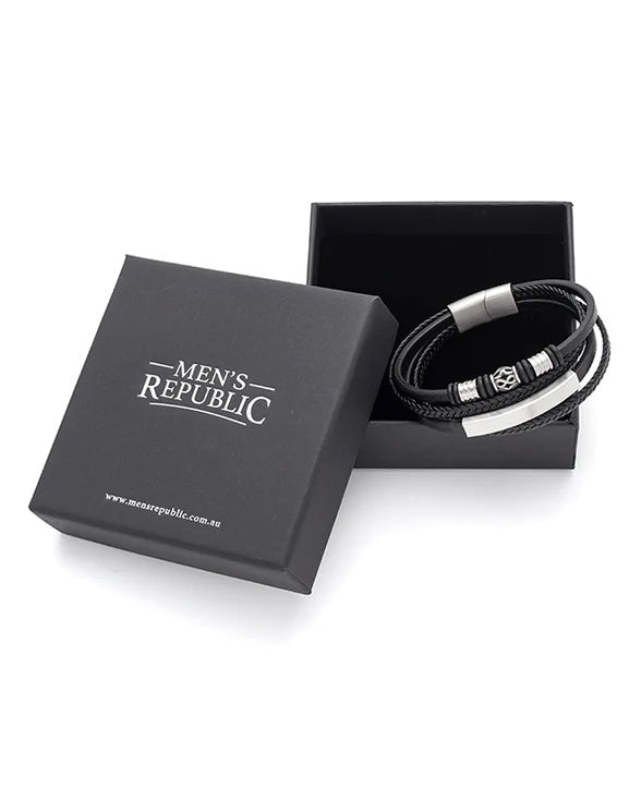 Black box with 'Men's Republic' branding containing a bracelet.