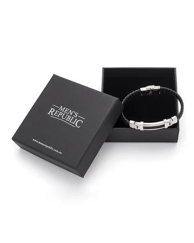 Black bracelet in a 'Men's Republic' box on a white background
