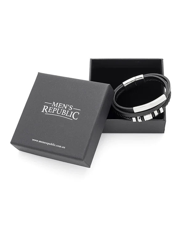 Black leather bracelet with silver accents in a 'Men's Republic' box on a white background