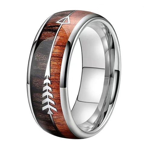Walnut Maple Wood Inlay & Arrow Silver Titanium Ring