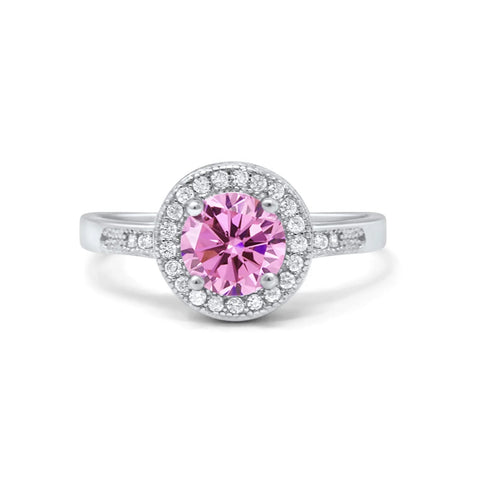 Halo Art Deco Round Ring with Pink Cubic Zirconia