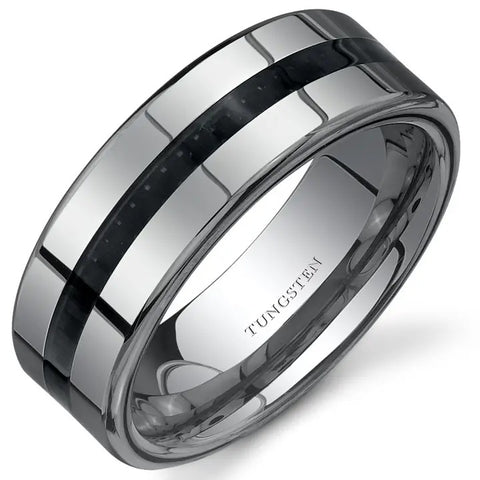 Black Carbon Fiber Silver Tungsten Ring