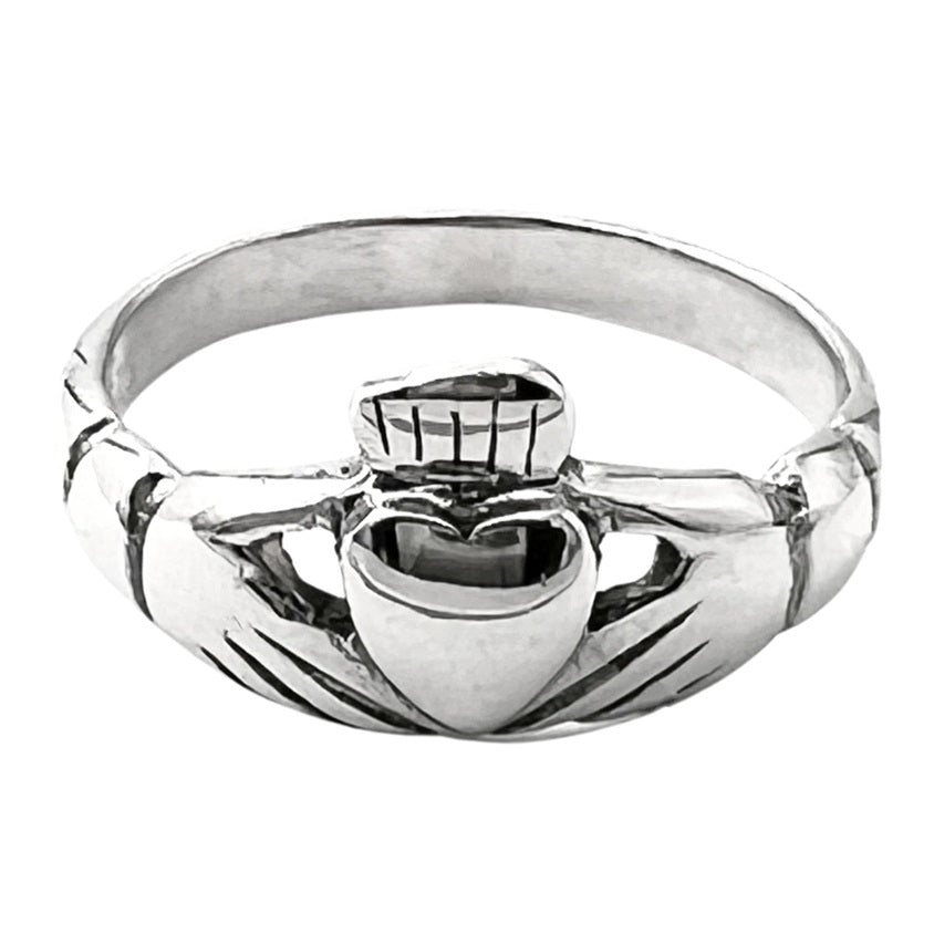 Sterling Silver Claddagh ring on a white background