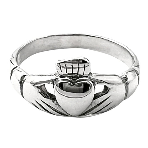 Sterling Silver Claddagh ring on a white background