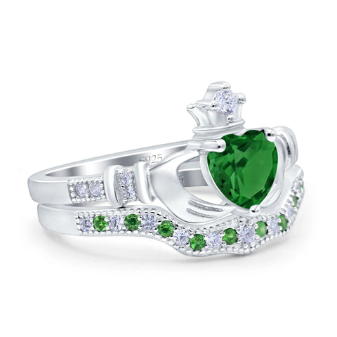 Claddagh Two Piece Ring Set with Emerald Cubic Zirconia