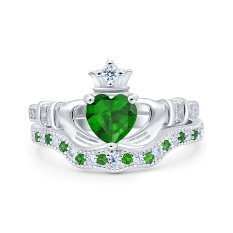 Claddagh Two Piece Ring Set with Emerald Cubic Zirconia