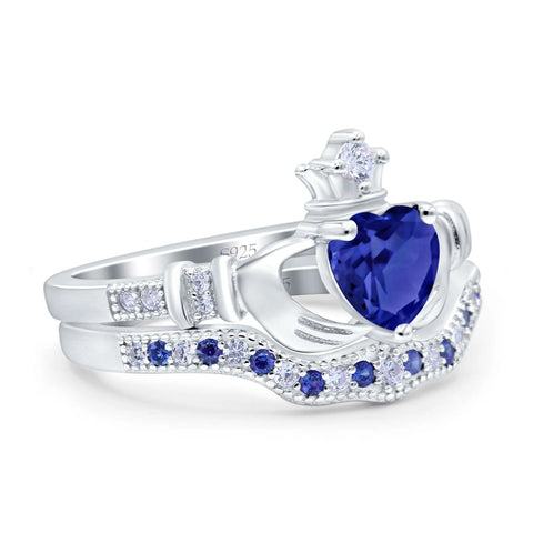 Claddagh Two Piece Ring Set with Sapphire Cubic Zirconia